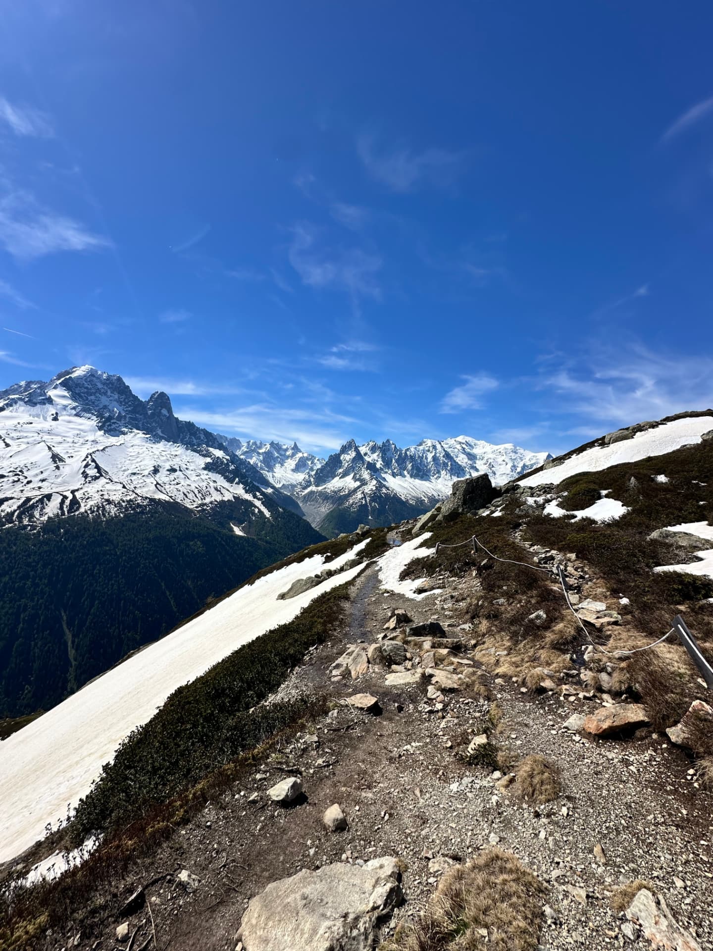 Sentier du 90 km du Mont-Blanc face aux aiguilles de Chamonix